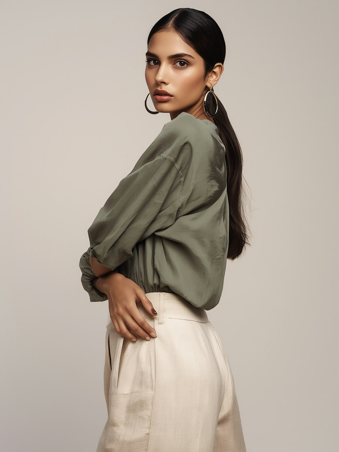 Model with a sleek, glossy low ponytail and gold hoop earrings