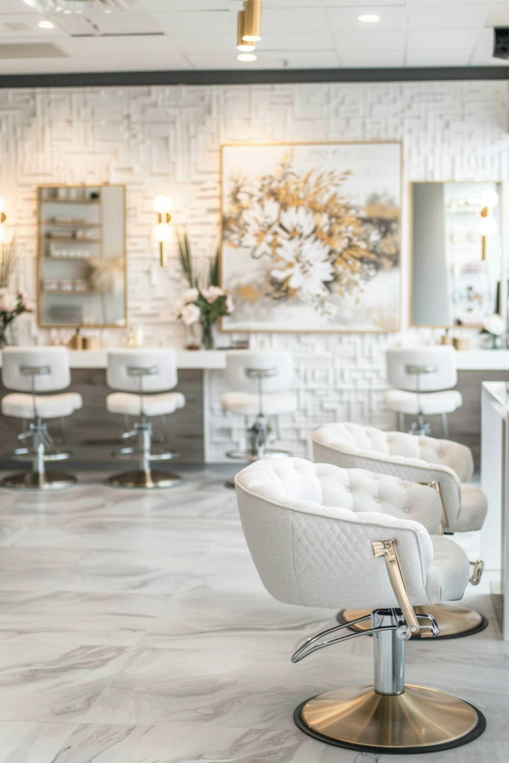 The light-filled styling floor at Maison Aurelle, with ivory chairs, marble floors and brass details